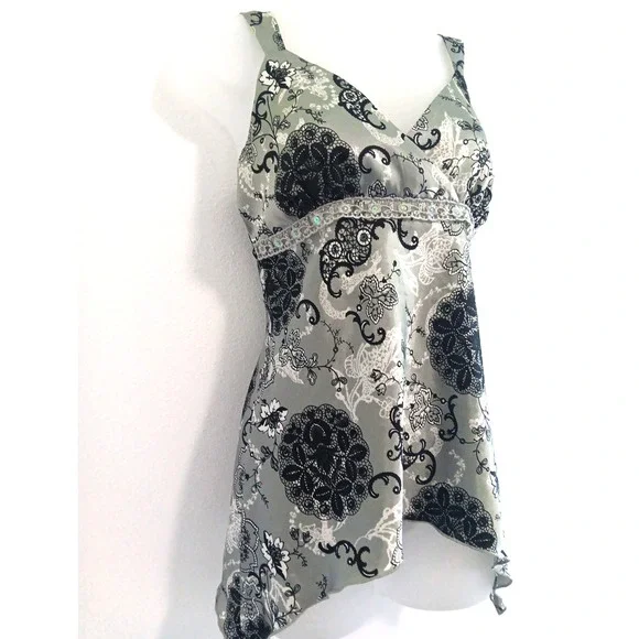 Y2K Babydoll Top Medium Gray Romantic Floral Satin Boho Fairy Grunge Whimsigoth - Picture 2 of 15